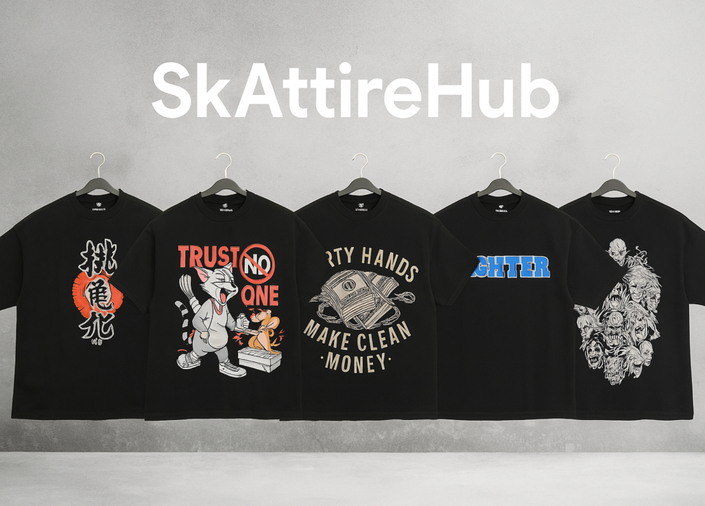 Bold graphic T-shirts displayed on hangers showcasing trendy streetwear designs. Perfect for fashion enthusiasts interested in unique casual attires from SkattireHub.