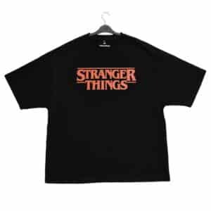 Stranger Things graphic tee, black casual T-shirt featuring iconic TV show logo, perfect for fans, streetwear, and comfortable everyday wear, made from quality cotton.