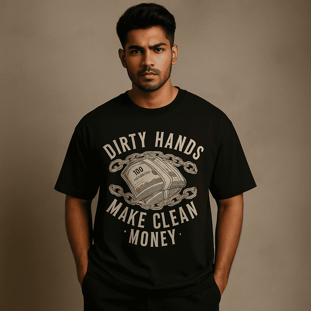 Men's casual t-shirt with "Dirty Hands Make Clean Money" graphic, black color, streetwear fashion for men, trendy clothing for urban style.