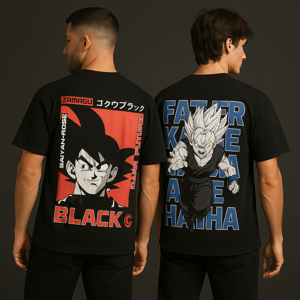Dragon Ball characters on black shirts.